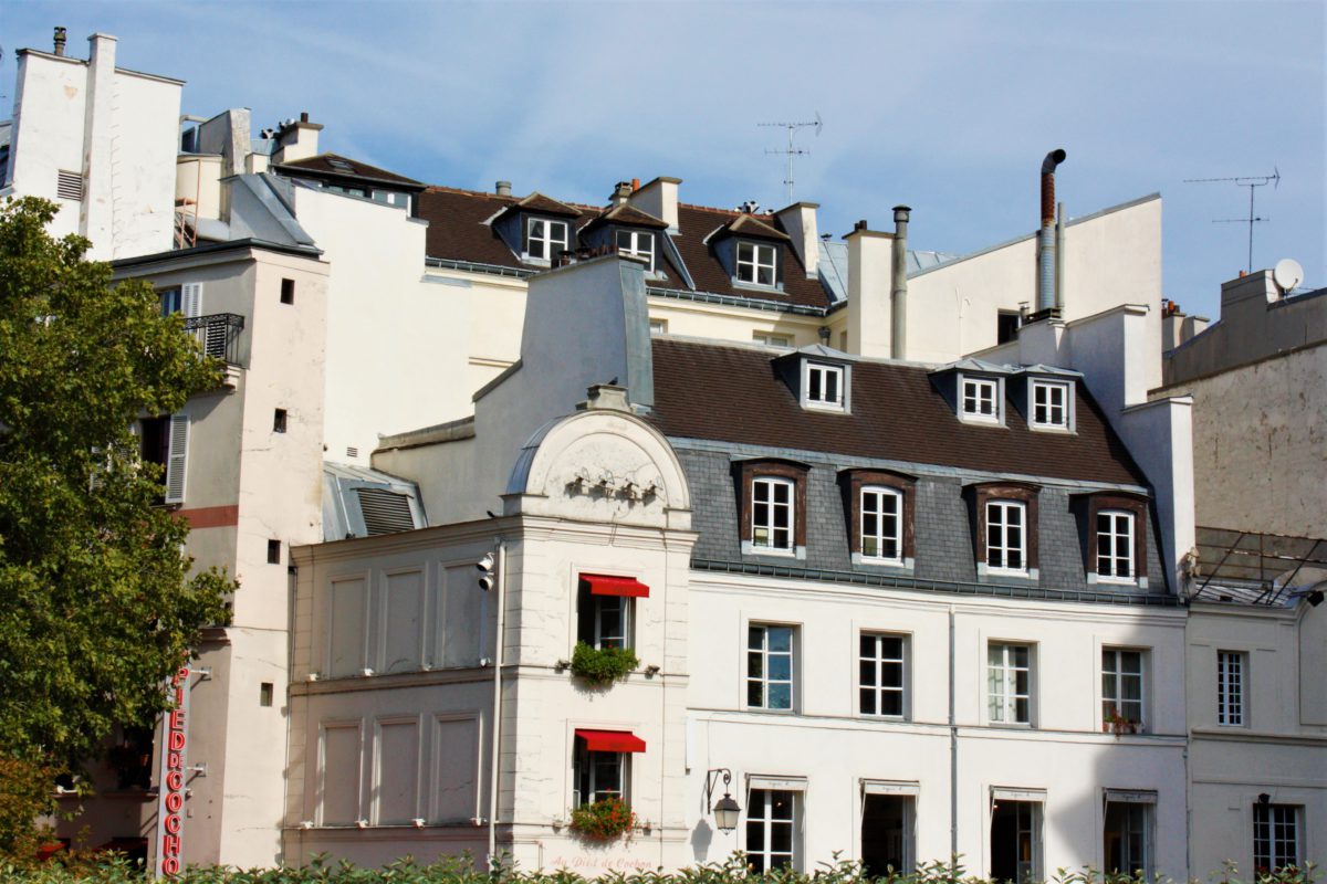 Paryskie kamienice z charakterystycznymi ciemnymi dachami oraz malutkimi okienkami na poddaszu